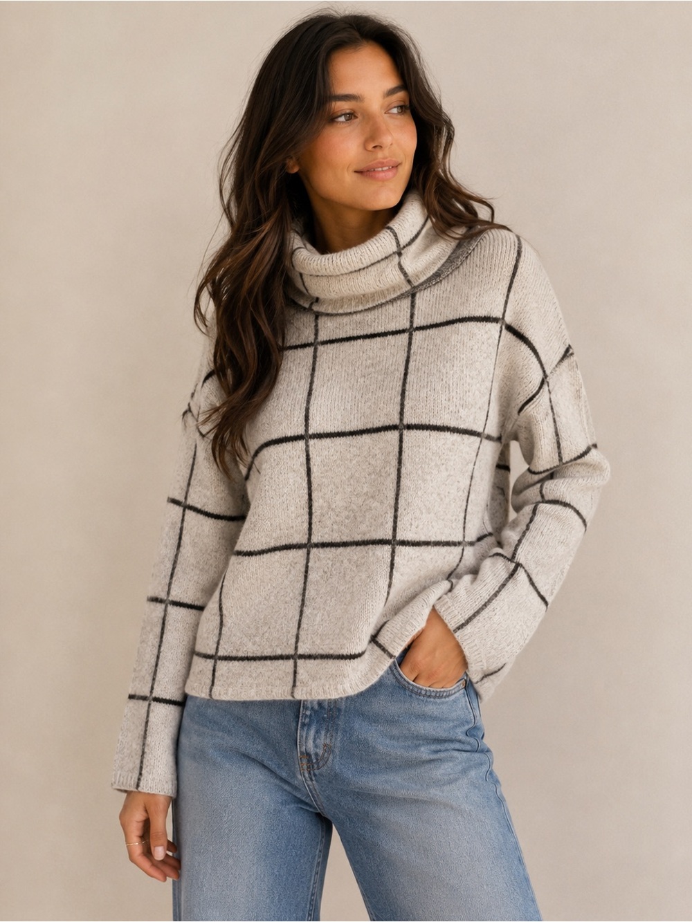 Madewell Windowpane Turtleneck Sweater Cream Gray Cozy Knit Pullover